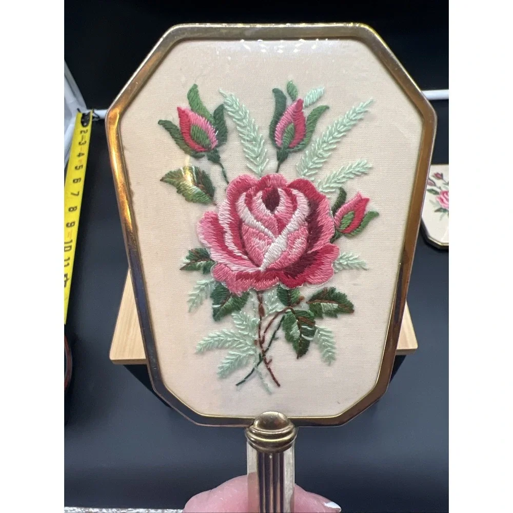 VTG Gold Tone Embroidered Pink Flowers Mirror & Hair Brush Vanity Dresser Set